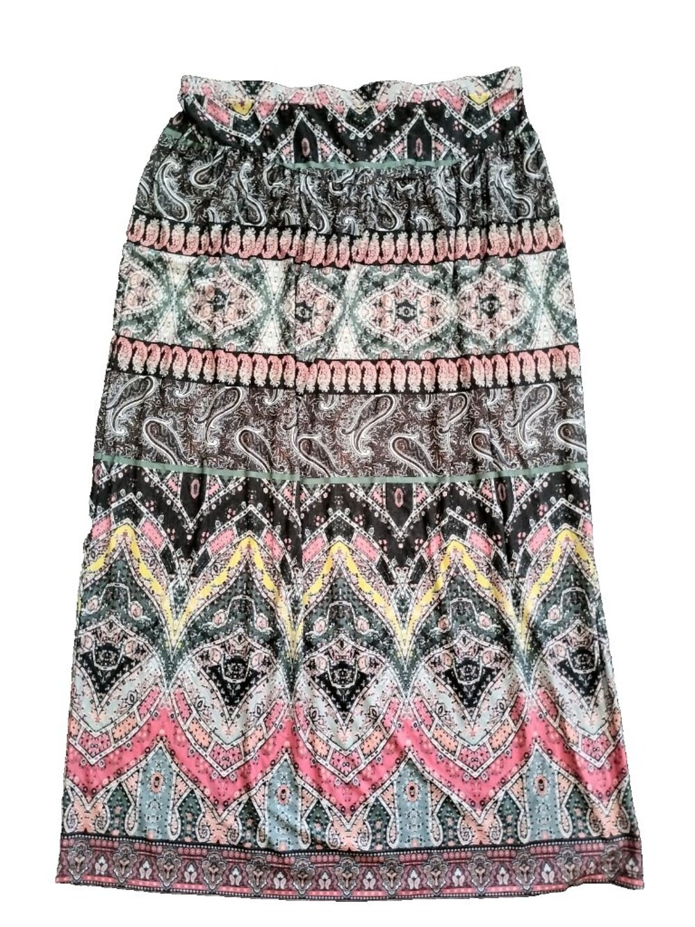 One World Medallion Paisley Stretch Knit Maxi Skirt L Black Multi Pull On Boho